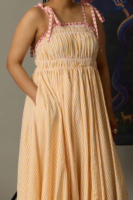 Quod_Yellow Cotton Open Neck Shell Dress With Striped Pattern_at_Aza_Fashions