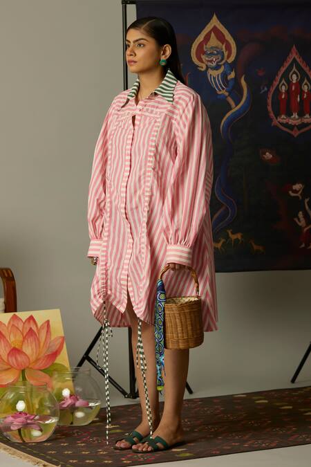 Quod_Multi Color Cotton Collared Striped Designer Dress _at_Aza_Fashions