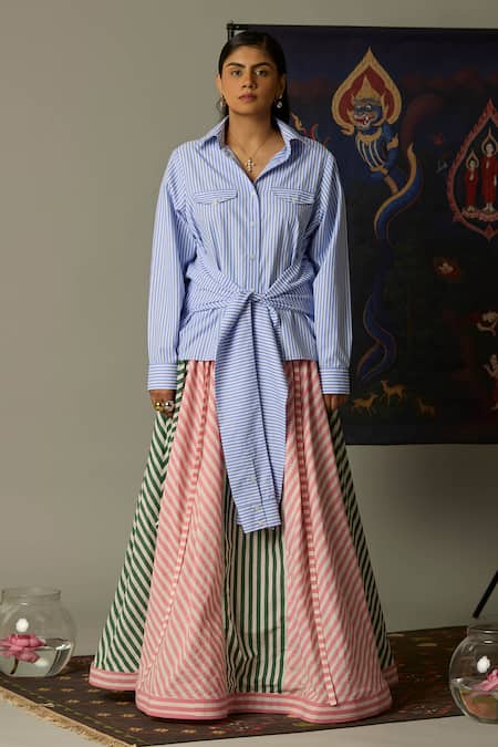 Quod Blue Cotton Collared Striped Four Sleeves Shirt 
