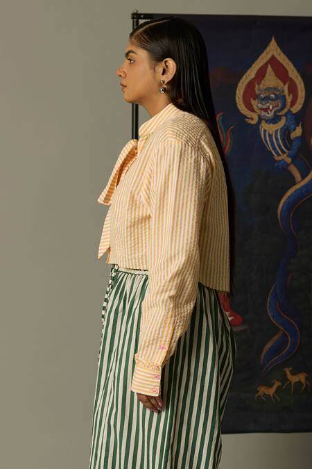 QUOD_Yellow Cotton Embroidery Open Neck Ridge Striped Shirt_Online_at_Aza_Fashions