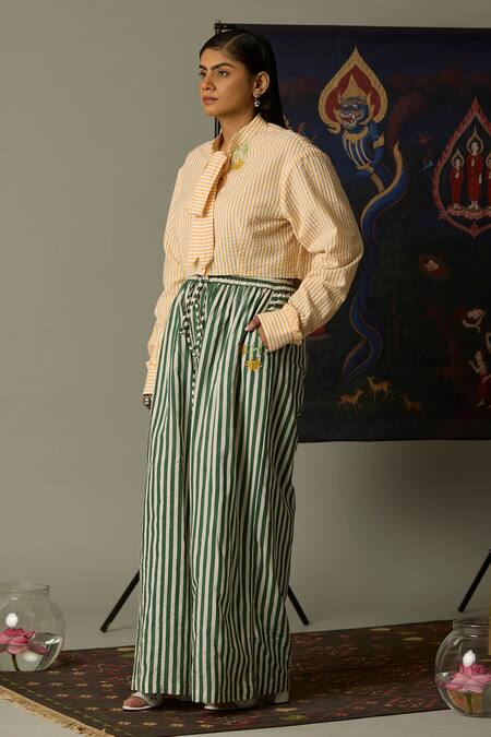 Buy_QUOD_Yellow Cotton Embroidery Open Neck Ridge Striped Shirt_Online_at_Aza_Fashions