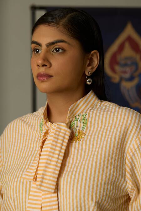 Shop_QUOD_Yellow Cotton Embroidery Open Neck Ridge Striped Shirt_Online_at_Aza_Fashions