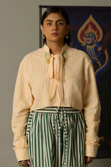 Buy_QUOD_Yellow Cotton Embroidery Open Neck Ridge Striped Shirt