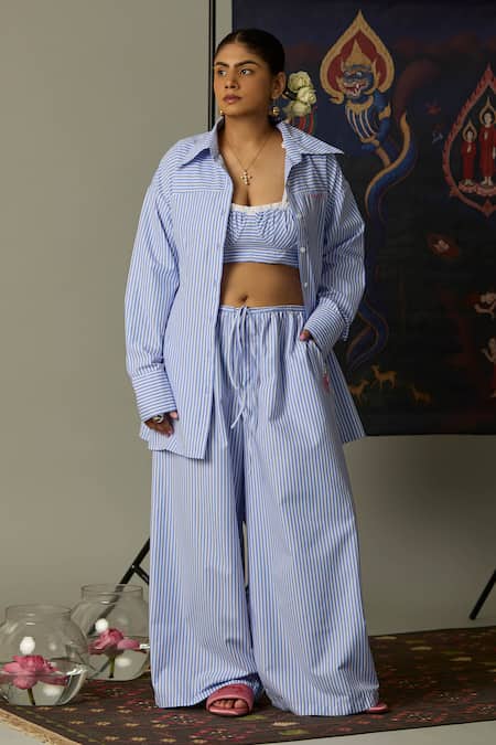 Quod Blue Cotton Embroidery Collared Wisp Shirt In Aqua 