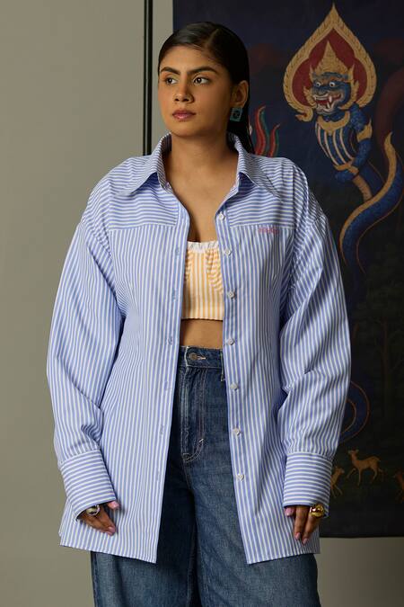 Quod Blue Cotton Embroidery Collared Wisp Shirt In Aqua at Aza Fashions Quod_Blue Cotton Embroidery Collared Wisp Shirt In Aqua _at_Aza_Fashions