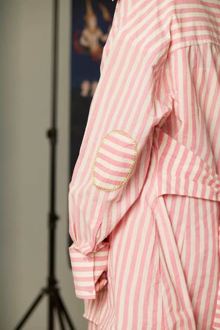 Quod Pink Cotton Embroidery Collared Wisp Striped Shirt Online at Aza Fashions Quod_Pink Cotton Embroidery Collared Wisp Striped Shirt _Online_at_Aza_Fashions