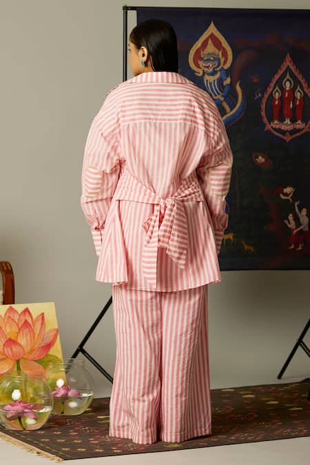 Shop Quod Pink Cotton Embroidery Collared Wisp Striped Shirt at Aza Fashions Shop_Quod_Pink Cotton Embroidery Collared Wisp Striped Shirt _at_Aza_Fashions