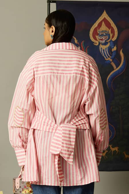 Quod Pink Cotton Embroidery Collared Wisp Striped Shirt at Aza Fashions Quod_Pink Cotton Embroidery Collared Wisp Striped Shirt _at_Aza_Fashions