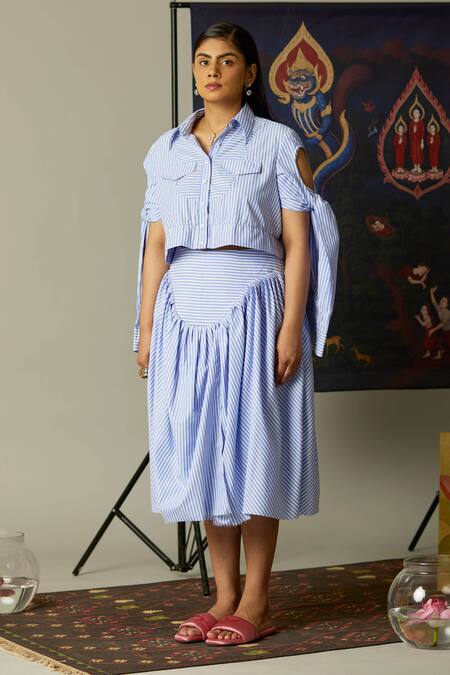 Quod_Blue Cotton Aqua Striped Designer Skirt_Online_at_Aza_Fashions