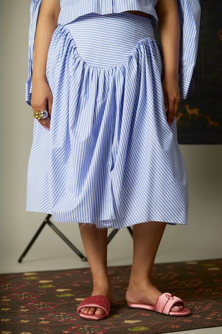 Shop_Quod_Blue Cotton Aqua Striped Designer Skirt_Online_at_Aza_Fashions