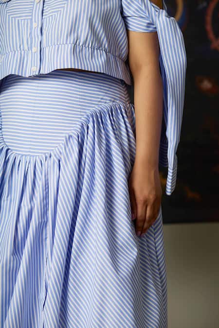 Quod_Blue Cotton Aqua Striped Designer Skirt_at_Aza_Fashions