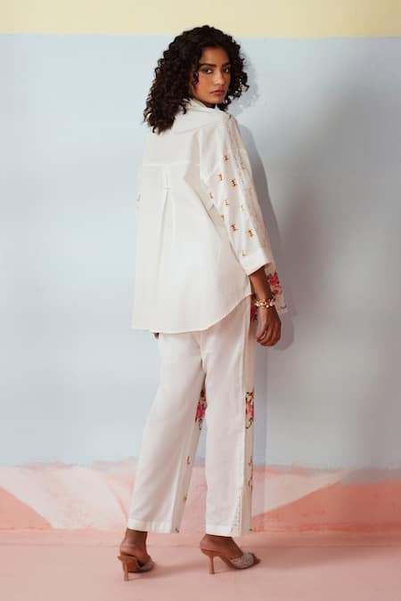 Shop_Rainas_White Cotton, Linen Embroidery Collared Cross Stitch Reverie Set _at_Aza_Fashions