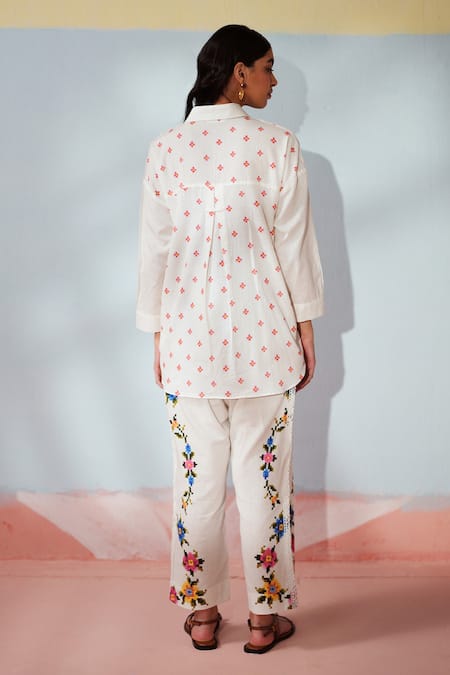 Shop Rainas White Cotton, Linen Embroidery Collared Threaded Blooms Shirt And Pant Set at Aza Fashions Shop_Rainas_White Cotton, Linen Embroidery Collared Threaded Blooms Shirt And Pant Set _at_Aza_Fashions