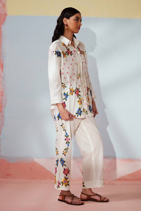 Rainas White Cotton, Linen Embroidery Collared Threaded Blooms Shirt And Pant Set Online at Aza Fashions Rainas_White Cotton, Linen Embroidery Collared Threaded Blooms Shirt And Pant Set _Online_at_Aza_Fashions