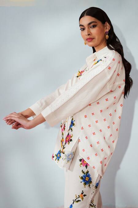 Buy Rainas White Cotton, Linen Embroidery Collared Threaded Blooms Shirt And Pant Set Online at Aza Fashions Buy_Rainas_White Cotton, Linen Embroidery Collared Threaded Blooms Shirt And Pant Set _Online_at_Aza_Fashions