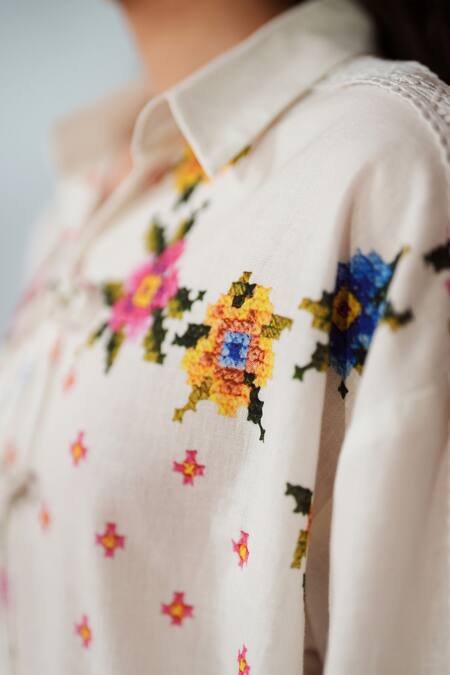 Shop Rainas White Cotton, Linen Embroidery Collared Threaded Blooms Shirt And Pant Set Online at Aza Fashions Shop_Rainas_White Cotton, Linen Embroidery Collared Threaded Blooms Shirt And Pant Set _Online_at_Aza_Fashions