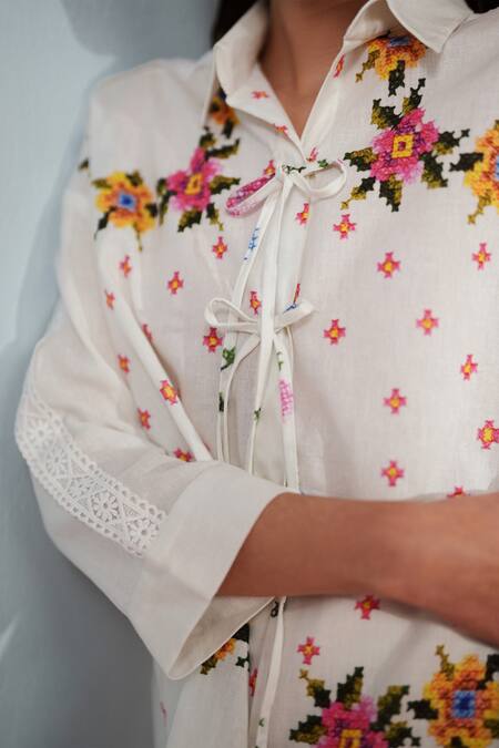Rainas White Cotton, Linen Embroidery Collared Threaded Blooms Shirt And Pant Set at Aza Fashions Rainas_White Cotton, Linen Embroidery Collared Threaded Blooms Shirt And Pant Set _at_Aza_Fashions