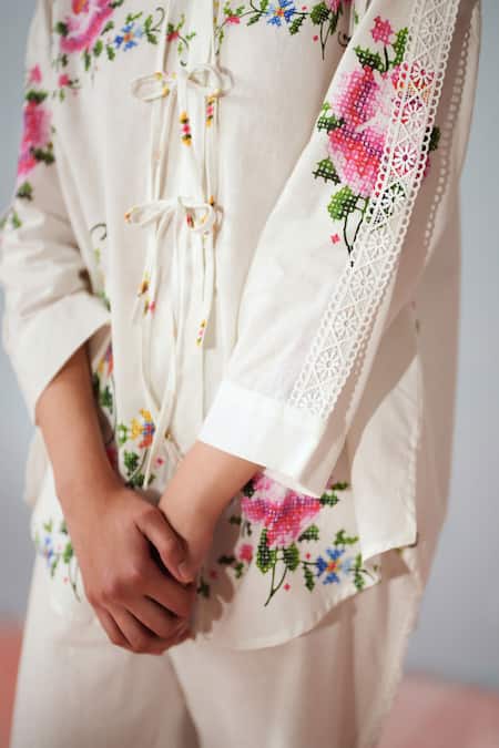 Shop_Rainas_White Cotton, Linen Embroidery Collared Cross Stitch Flora Set _Online_at_Aza_Fashions