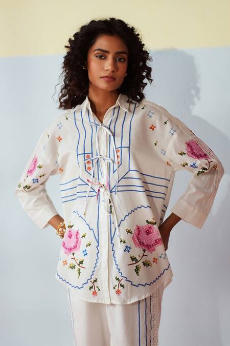 Shop Rainas White Cotton, Linen Embroidery Collared Cross Stitch Meadow Set Shop_Rainas_White Cotton, Linen Embroidery Collared Cross Stitch Meadow Set