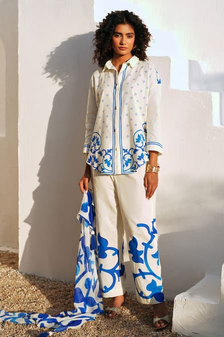 Rainas White Cotton, Linen Embroidery Collared Blue Mirage Set 