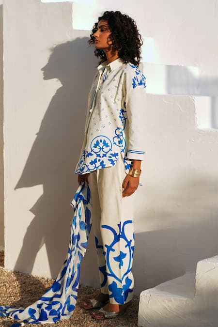 Rainas_White Cotton, Linen Embroidery Collared Blue Mirage Set _Online_at_Aza_Fashions