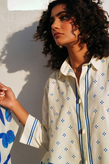 Buy_Rainas_White Cotton, Linen Embroidery Collared Blue Mirage Set _Online_at_Aza_Fashions