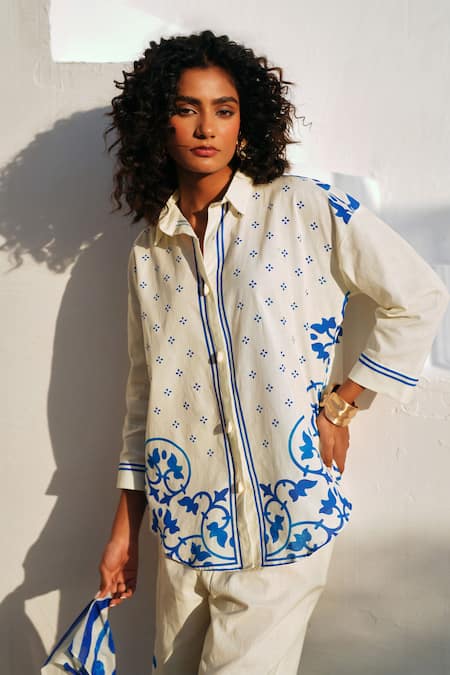 Shop_Rainas_White Cotton, Linen Embroidery Collared Blue Mirage Set _Online_at_Aza_Fashions