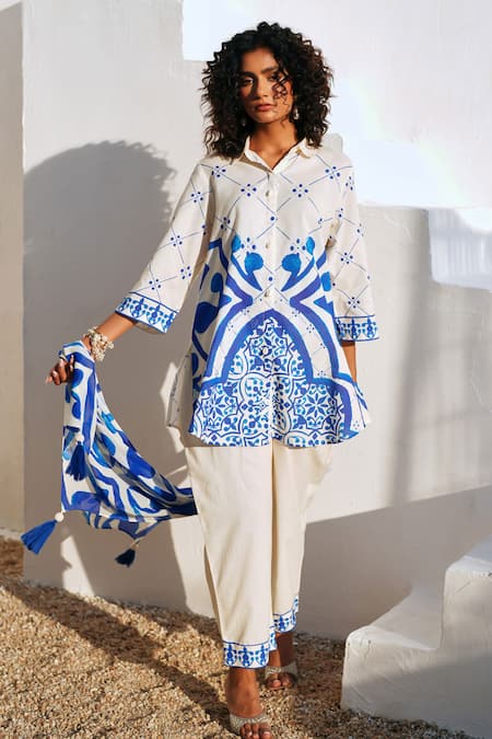 Shop Rainas Beige Cotton, Linen Embroidery Collared Turkish Whisper Set at Aza Fashions Shop_Rainas_Beige Cotton, Linen Embroidery Collared Turkish Whisper Set _at_Aza_Fashions