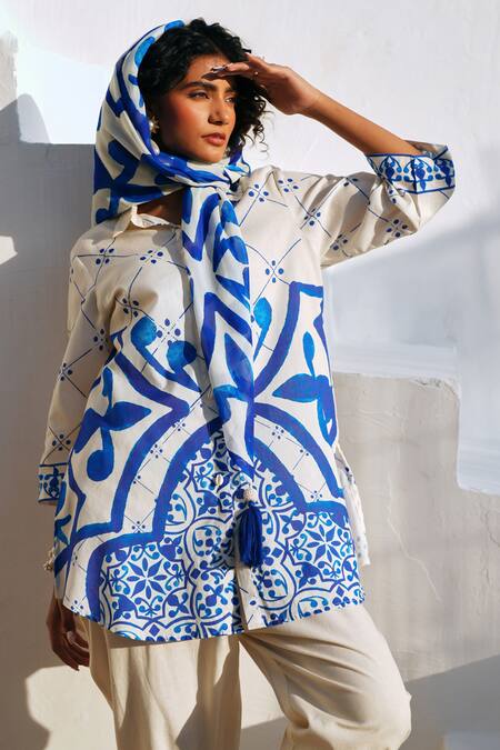 Shop Rainas Beige Cotton, Linen Embroidery Collared Turkish Whisper Set Online at Aza Fashions Shop_Rainas_Beige Cotton, Linen Embroidery Collared Turkish Whisper Set _Online_at_Aza_Fashions