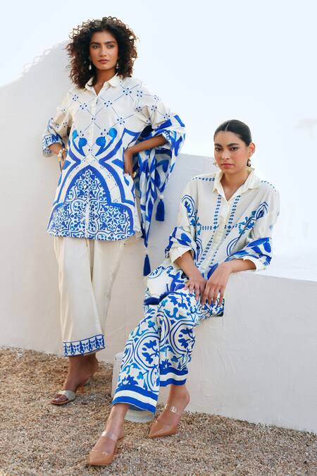 Shop Rainas Beige Cotton, Linen Embroidery Collared Turkish Whisper Set Shop_Rainas_Beige Cotton, Linen Embroidery Collared Turkish Whisper Set