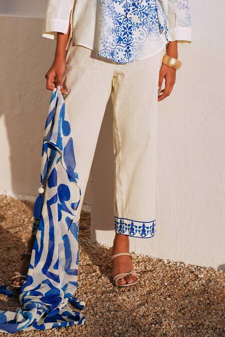 Buy Rainas White Cotton, Linen Collared Mediterranean Flair Set Online at Aza Fashions Buy_Rainas_White Cotton, Linen Collared Mediterranean Flair Set _Online_at_Aza_Fashions