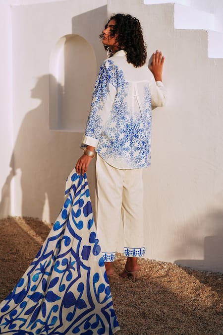 Shop Rainas White Cotton, Linen Collared Mediterranean Flair Set at Aza Fashions Shop_Rainas_White Cotton, Linen Collared Mediterranean Flair Set _at_Aza_Fashions