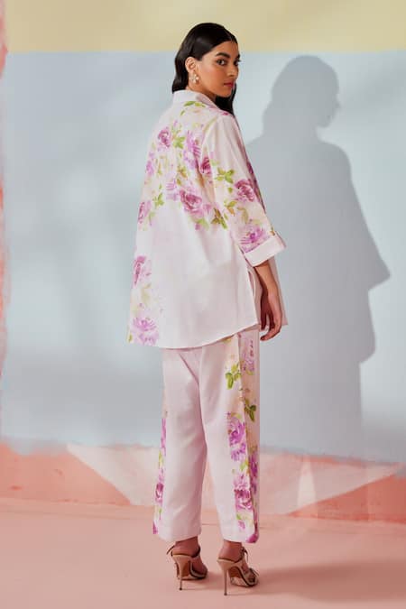 Shop Rainas Pink Cotton, Linen Embroidery Collared Blush And Bloom Tunic Pant Set at Aza Fashions Shop_Rainas_Pink Cotton, Linen Embroidery Collared Blush And Bloom Tunic Pant Set _at_Aza_Fashions