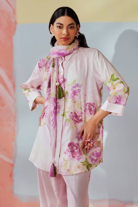 Buy Rainas Pink Cotton, Linen Embroidery Collared Blush And Bloom Tunic Pant Set Online at Aza Fashions Buy_Rainas_Pink Cotton, Linen Embroidery Collared Blush And Bloom Tunic Pant Set _Online_at_Aza_Fashions