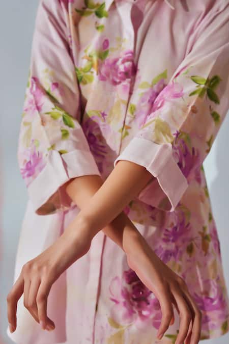 Shop Rainas Pink Cotton, Linen Embroidery Collared Blush And Bloom Tunic Pant Set Online at Aza Fashions Shop_Rainas_Pink Cotton, Linen Embroidery Collared Blush And Bloom Tunic Pant Set _Online_at_Aza_Fashions