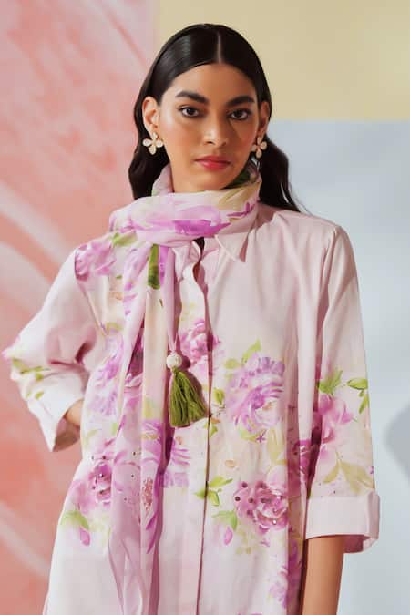 Buy Rainas Pink Cotton, Linen Embroidery Collared Blush And Bloom Tunic Pant Set Buy_Rainas_Pink Cotton, Linen Embroidery Collared Blush And Bloom Tunic Pant Set