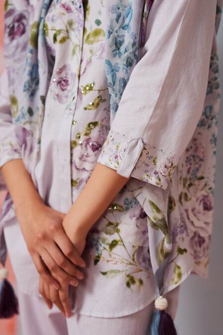 Buy Rainas Lilac Cotton, Linen Embroidery, Sequins Collared Floral Print Set Online at Aza Fashions Buy_Rainas_Lilac Cotton, Linen Embroidery, Sequins Collared Floral Print Set _Online_at_Aza_Fashions