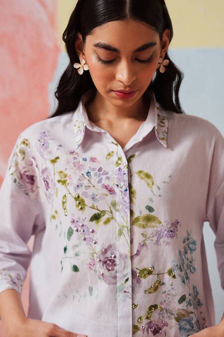 Shop Rainas Lilac Cotton, Linen Embroidery, Sequins Collared Floral Print Set Online at Aza Fashions Shop_Rainas_Lilac Cotton, Linen Embroidery, Sequins Collared Floral Print Set _Online_at_Aza_Fashions