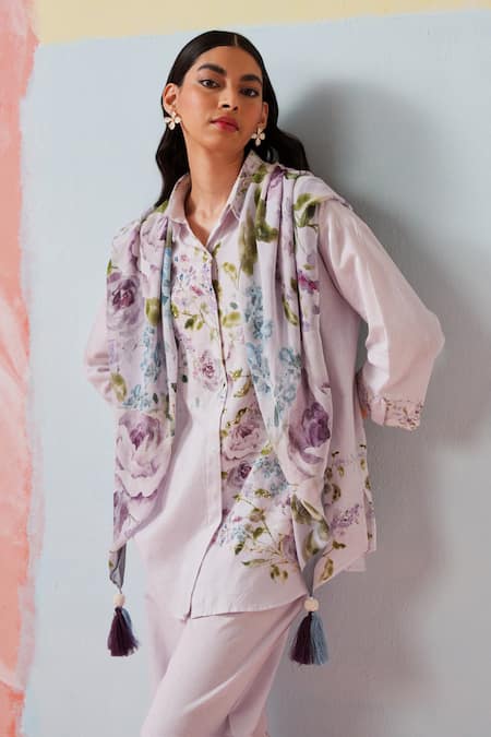 Shop Rainas Lilac Cotton, Linen Embroidery, Sequins Collared Floral Print Set at Aza Fashions Shop_Rainas_Lilac Cotton, Linen Embroidery, Sequins Collared Floral Print Set _at_Aza_Fashions