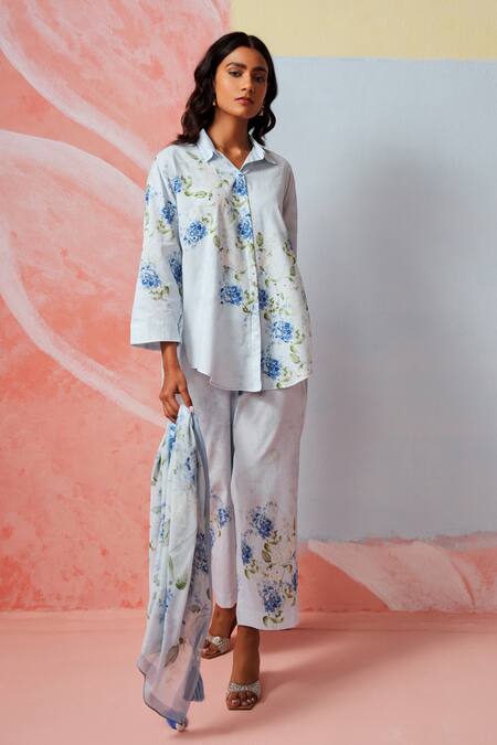 Shop Rainas Blue Cotton, Linen Collared Floral Print Set Online at Aza Fashions Shop_Rainas_Blue Cotton, Linen Collared Floral Print Set _Online_at_Aza_Fashions