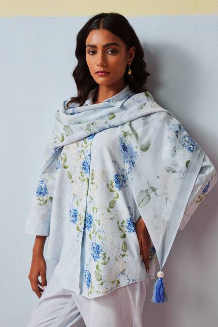 Rainas Blue Cotton, Linen Collared Floral Print Set at Aza Fashions Rainas_Blue Cotton, Linen Collared Floral Print Set _at_Aza_Fashions