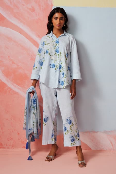 Rainas Blue Cotton, Linen Collared Floral Print Set 