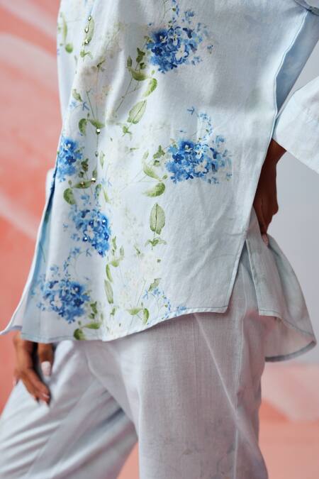 Buy Rainas Blue Cotton, Linen Collared Floral Print Set Buy_Rainas_Blue Cotton, Linen Collared Floral Print Set