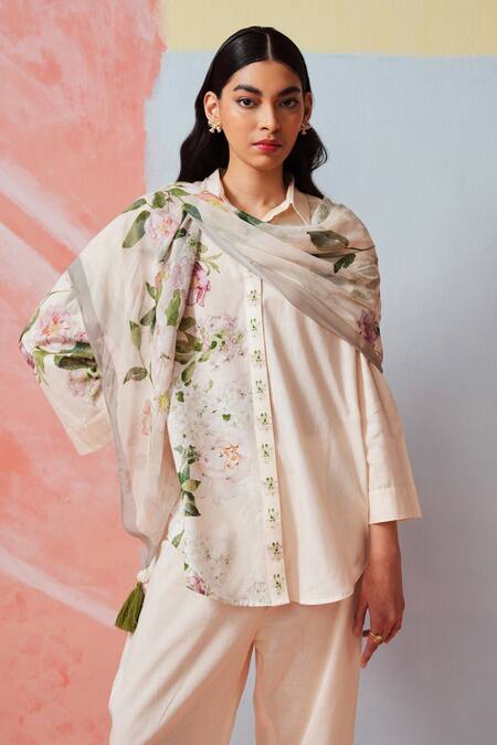 Buy Rainas Off White Cotton, Linen Embroidery Collared Floral Print Set Online at Aza Fashions Buy_Rainas_Off White Cotton, Linen Embroidery Collared Floral Print Set _Online_at_Aza_Fashions
