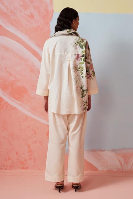 Shop Rainas Off White Cotton, Linen Embroidery Collared Floral Print Set at Aza Fashions Shop_Rainas_Off White Cotton, Linen Embroidery Collared Floral Print Set _at_Aza_Fashions