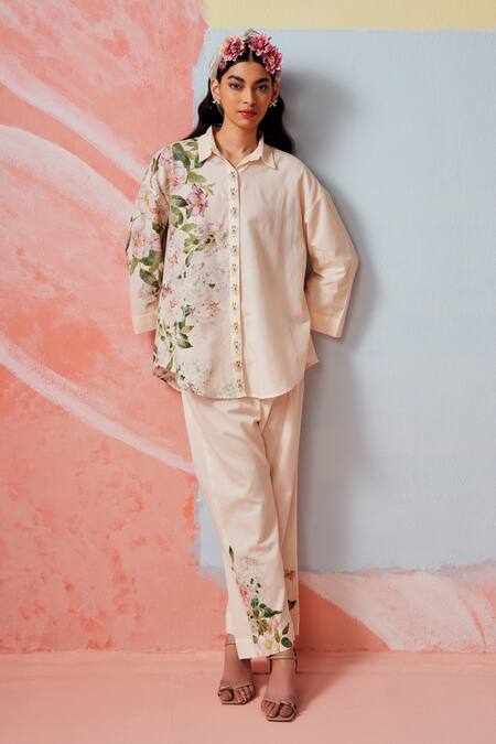 Shop Rainas Off White Cotton, Linen Embroidery Collared Floral Print Set Online at Aza Fashions Shop_Rainas_Off White Cotton, Linen Embroidery Collared Floral Print Set _Online_at_Aza_Fashions