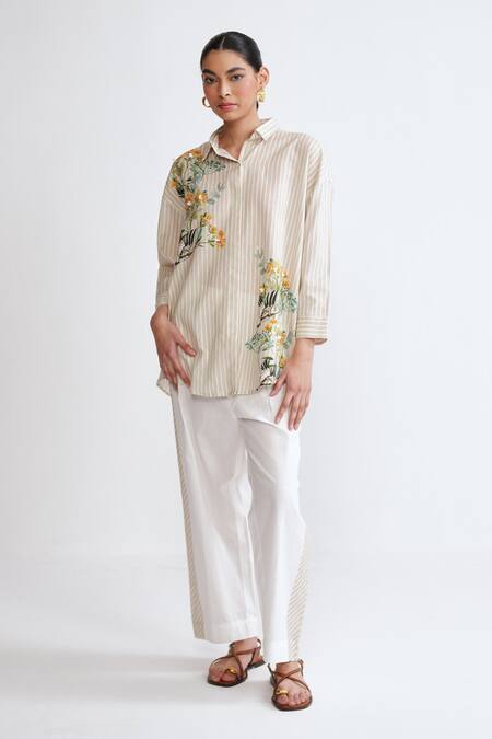 Rainas_Beige Cotton, Linen Embroidery Collared Stripe Garden Set _Online_at_Aza_Fashions
