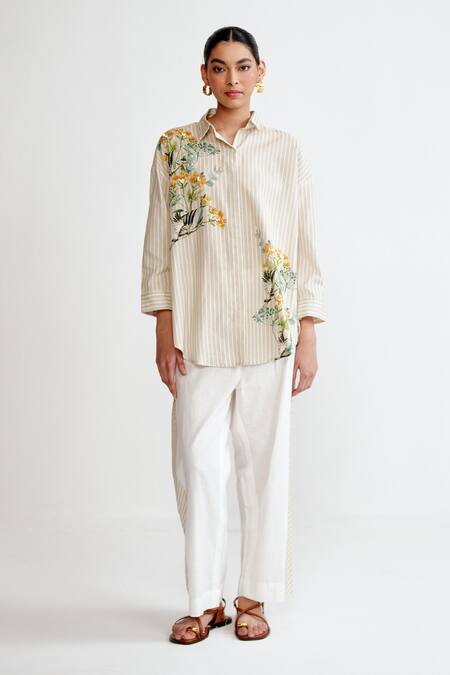 Buy_Rainas_Beige Cotton, Linen Embroidery Collared Stripe Garden Set _Online_at_Aza_Fashions