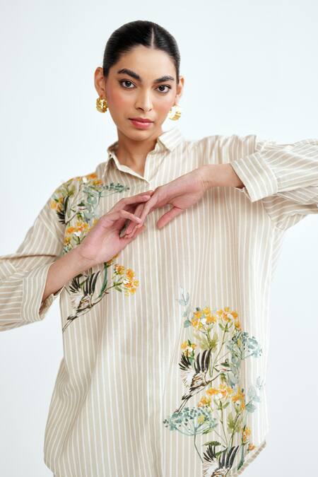 Shop_Rainas_Beige Cotton, Linen Embroidery Collared Stripe Garden Set _Online_at_Aza_Fashions