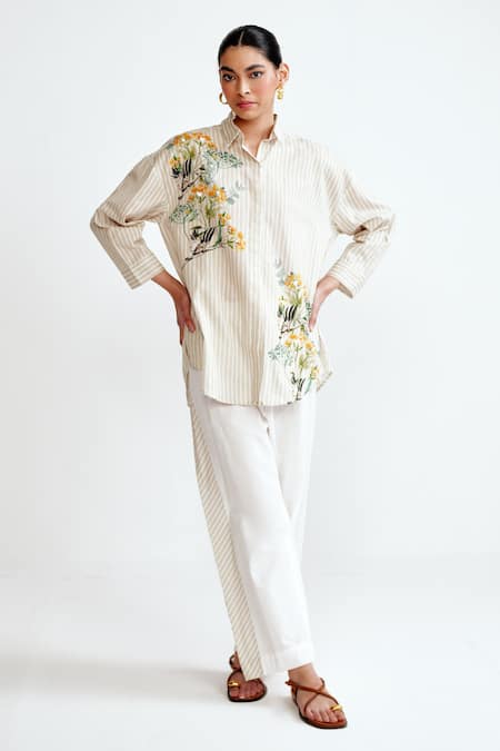 Rainas Beige Cotton, Linen Embroidery Collared Stripe Garden Set 